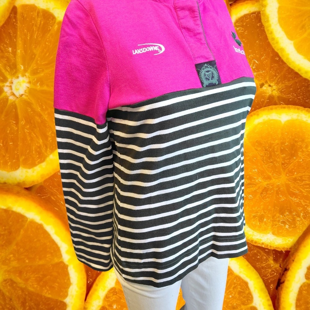 Lansdowne‎ Ireland Rugby Polo Shirt Womens XS Pink Green Striped Shamrock